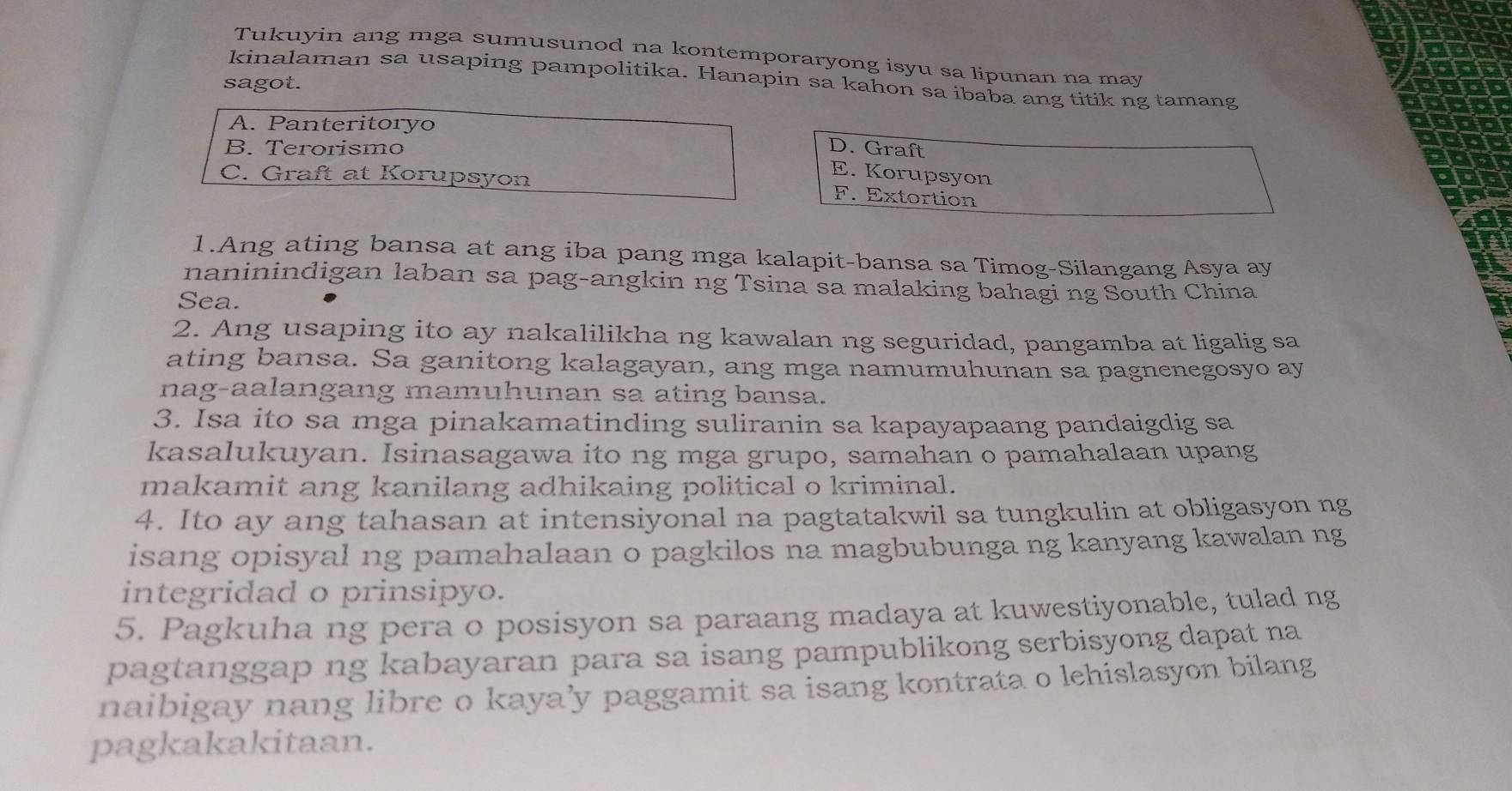 Solved: Tukuyin ang mga sumusunod na kontemporaryong isyu sa lipunan na ...