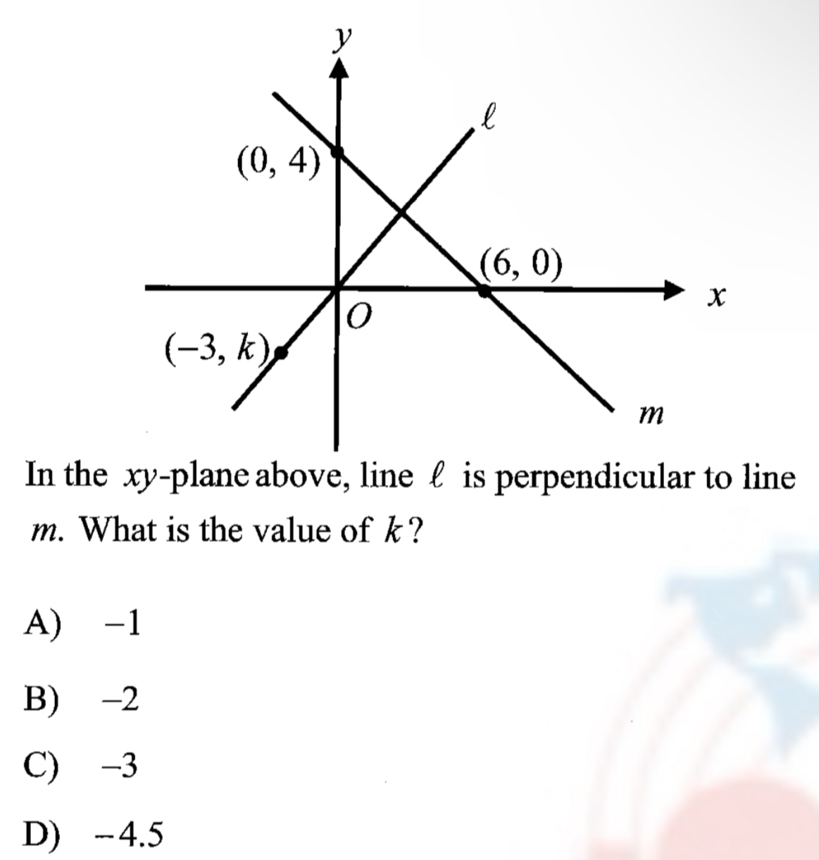 Solved: In the xy-plane above, line ℓ is perpendicular to line m. What ...