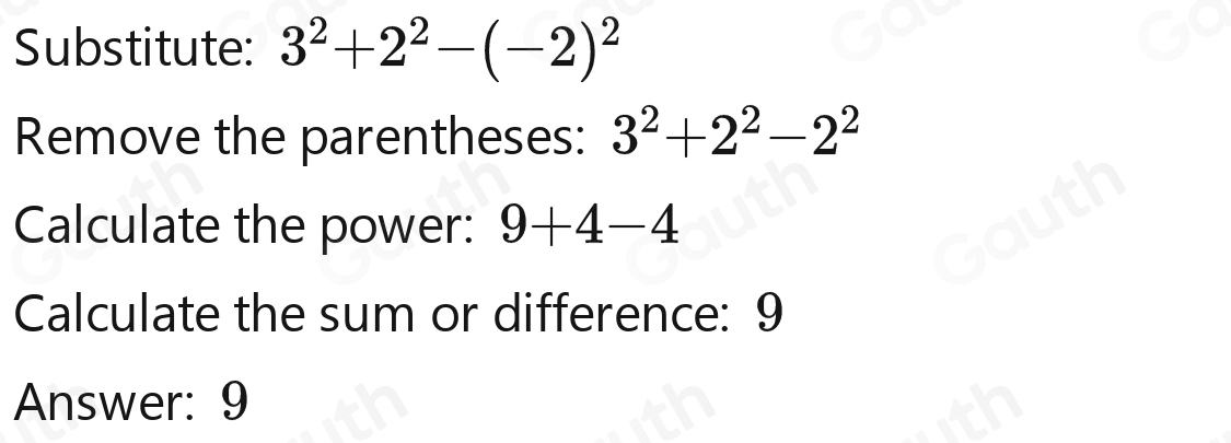 Solved: 15.If a=3 b=2 and c=-2 , calculate: a^2+b^2-c^2 [Math]