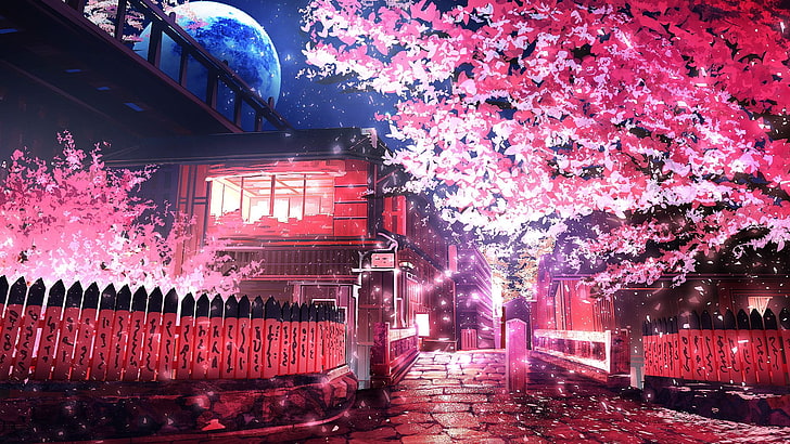 pohon berdaun merah muda, anime, sakura (pohon), jalan, Wallpaper HD