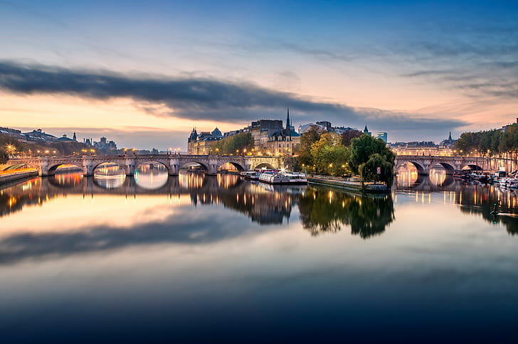 France, city Paris, Seine, panoramic view of a city beside body of water, France, the river, the house, the building, the city of Paris, the Seine, the bridges lights, HD wallpaper