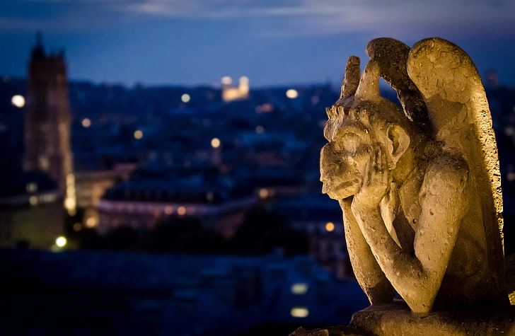 gray gargoyle statuette, night, the city, France, Paris, blur, sculpture, Notre Dame Cathedral, Notre Dame de Paris, gargoyle, HD wallpaper