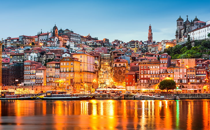 Douro River, Porto, Portugal HD Wallpaper, white boat, Europe, Portugal, City, Travel, Scenery, River, Church, Scene, Water, Architecture, Peninsula, Cityscape, Cathedral, Attraction, Scenic, Dusk, Place, Historic, Skyline, gaia, porto, oporto, historical, clerigos, douro, Tour, Famous, Destination, visit, landmark, tourism, iberian, portuguese, HD wallpaper