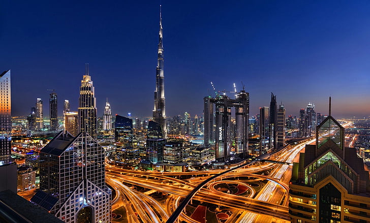 Cities, Dubai, City, Highway, Light, Night, Skyscraper, United Arab Emirates, HD wallpaper