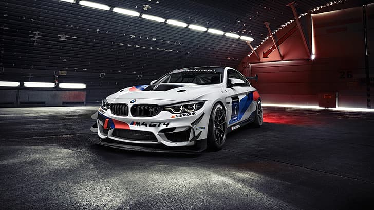 BMW M4 GT4, BMW, vehicle, car, MPerformance, hangar, low light, race cars, HD wallpaper