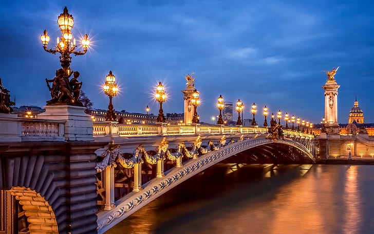 Paris, France, city, evening, lights, Pont Alexandre III, bridge, Paris, France, City, Evening, Lights, Alexandre, Bridge, HD wallpaper