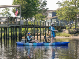 two women fish and paddle the Brooklyn Kayak Company TK122 tandem fishing kayak