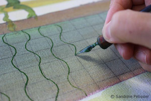 Drawing patterns with a dipping pen and ink on top of a graphite grid