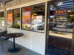 A sign on the window of Kirk's Steakburgers indicates the restaurant's plan to move from Town and Country to Midtown. Kirk's, a diner serving steakburgers in Palo Alto since 1948, is relocating to Midtown by the end of the month.