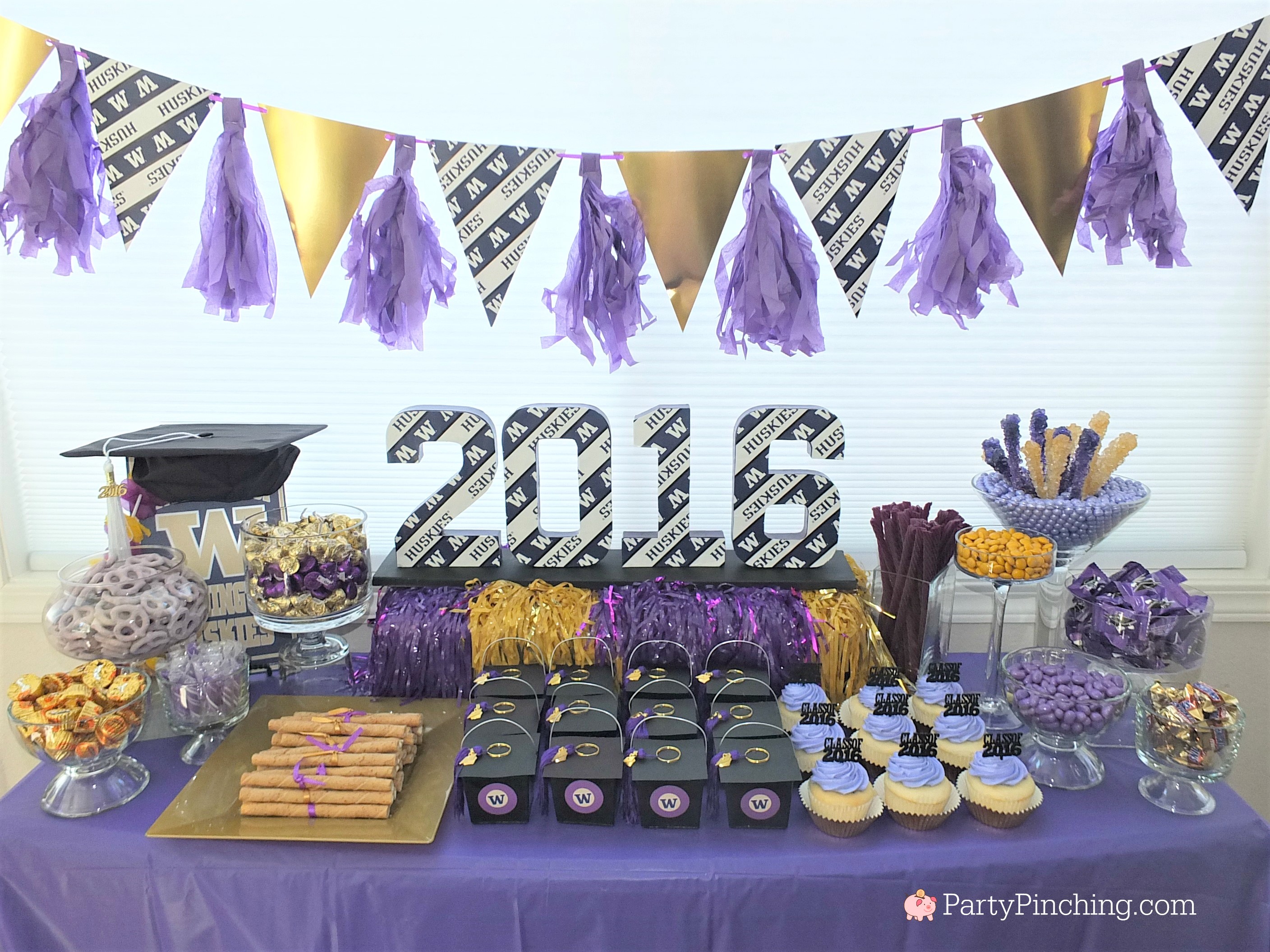 college graduation party, college graduation dessert table, college grad candy buffet, purple and gold candy buffet, University of Washington, UW Huskies, UDub