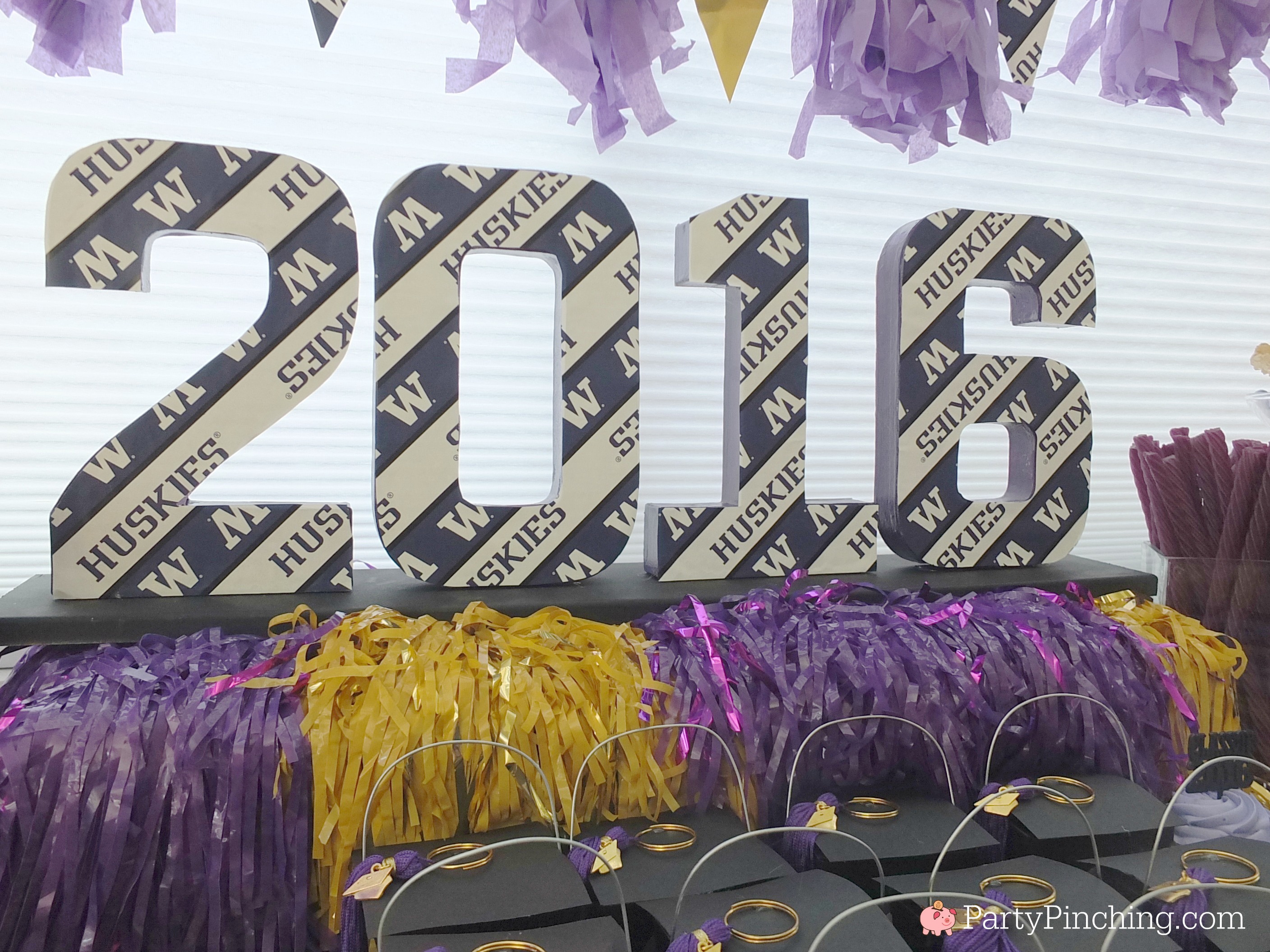 college graduation party, college graduation dessert table, college grad candy buffet, purple and gold candy buffet, University of Washington, UW Huskies, UDub