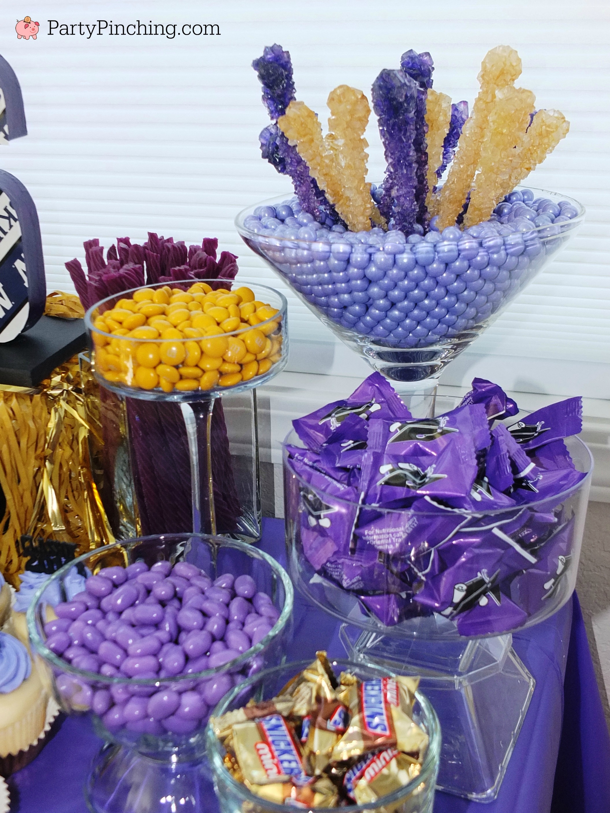 college graduation party, college graduation dessert table, college grad candy buffet, purple and gold candy buffet, University of Washington, UW Huskies, UDub