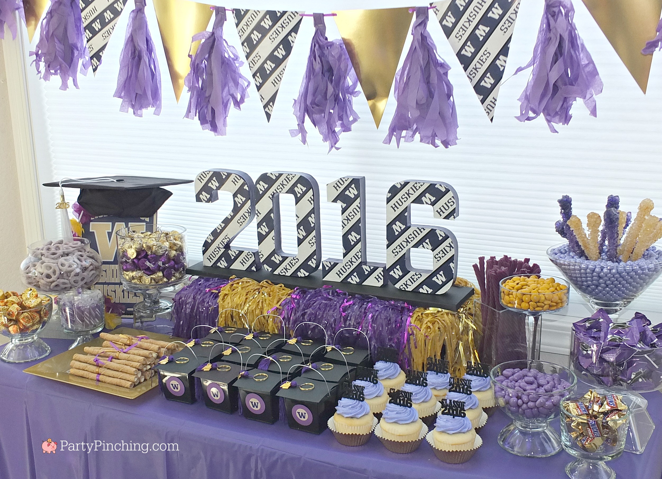 college graduation party, college graduation dessert table, college grad candy buffet, purple and gold candy buffet, University of Washington, UW Huskies, UDub