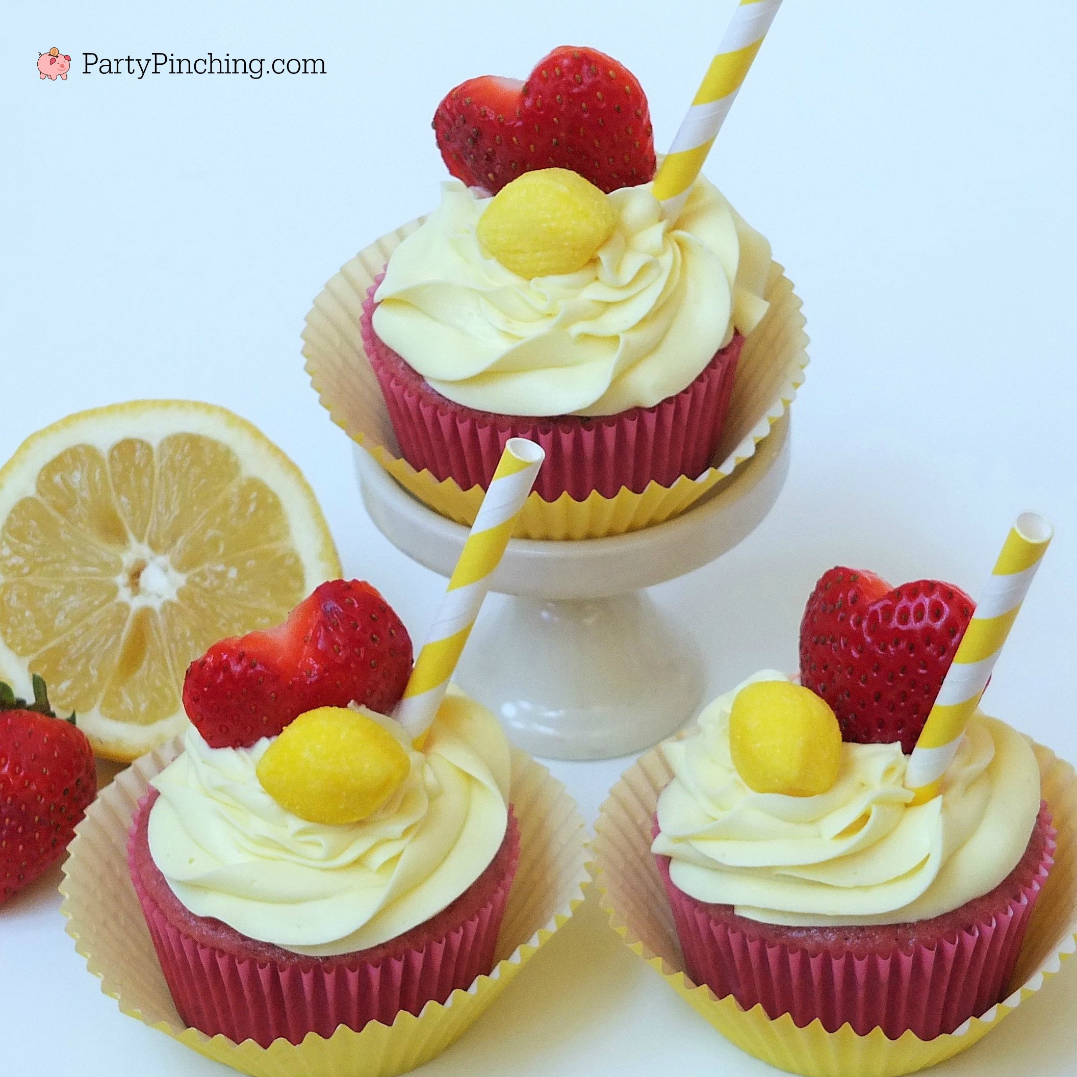 strawberry lemonade cupcakes, box mix fresh fruit cupcakes, refreshing summer cupcakes, cute cupcakes for kids, fun and easy cupcakes, strawberry cupcakes with frozen puree, lemon can frosting with zest and juice, easy cupcake recipe