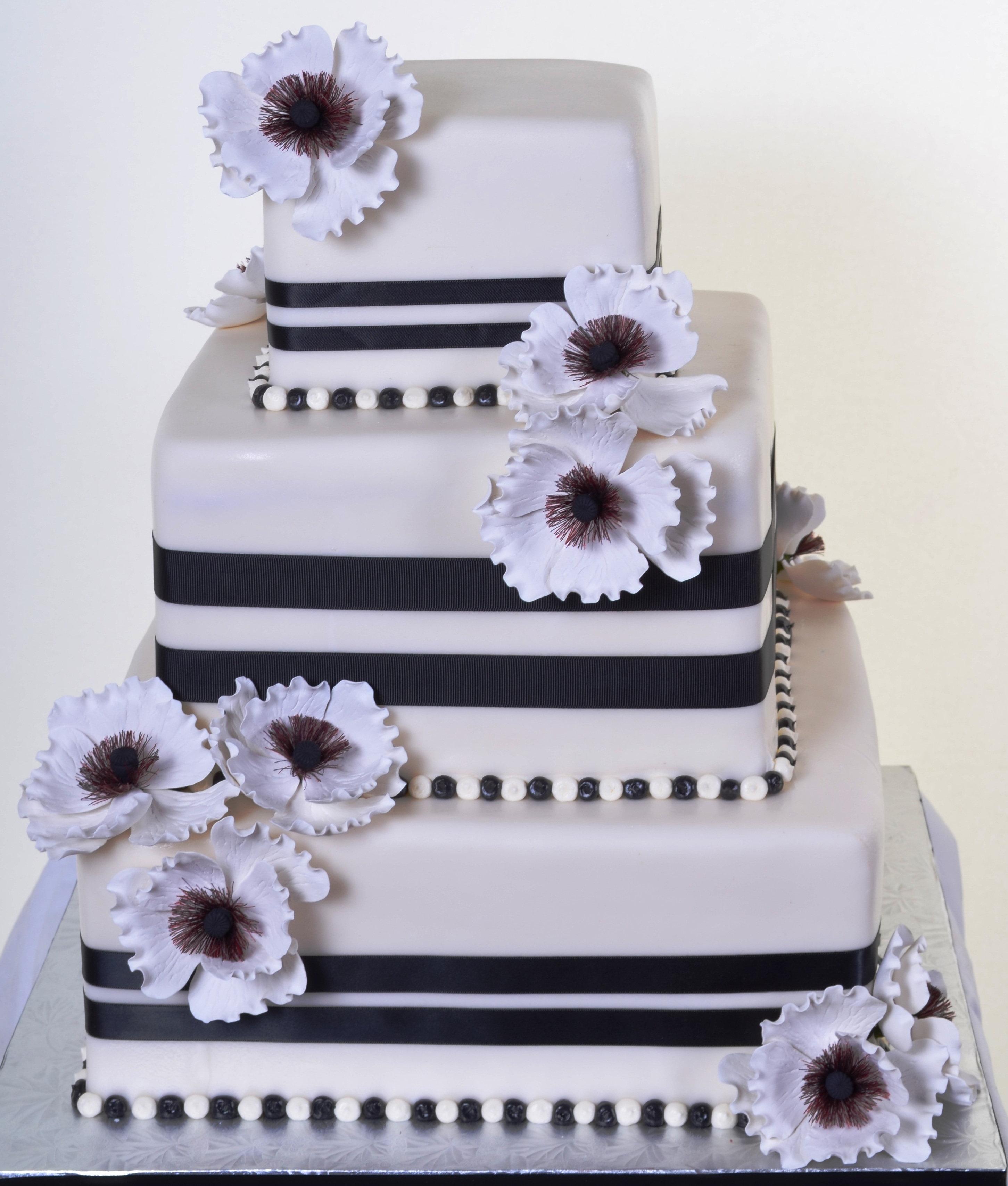 Pastry Palace Wedding Cake 904 - Black and White Squares & Peonies