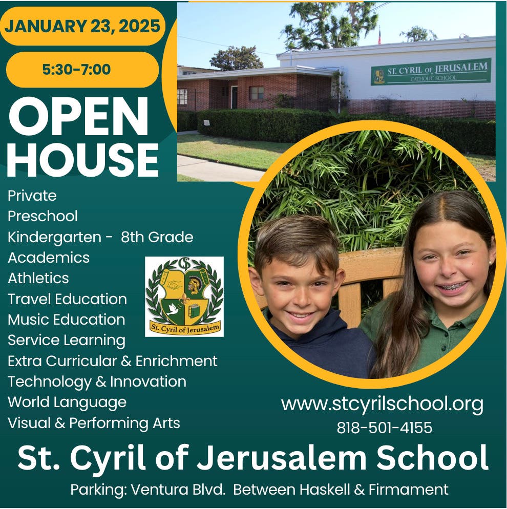  Preschool - 8th Grade Open House St. Cyril School,  January 23, 2025 