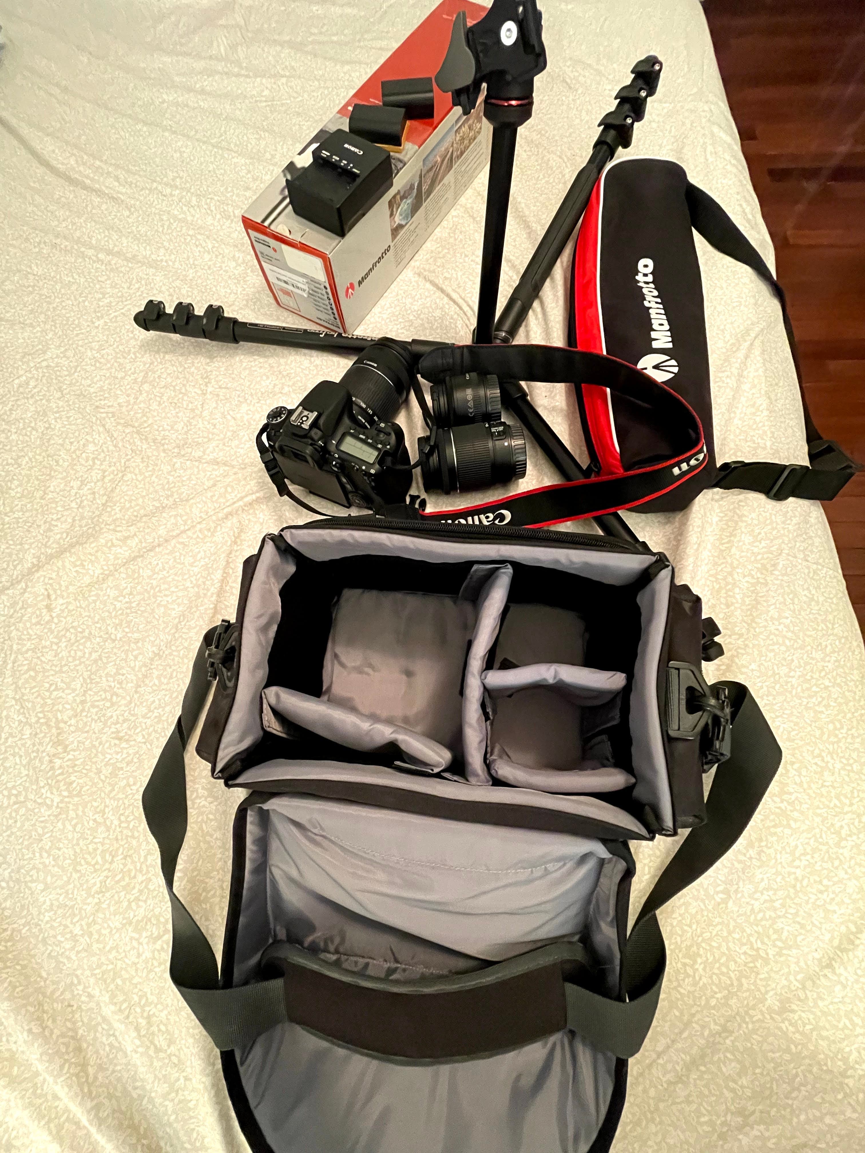 Canon EOS 70D with Manfrotto tripod and 3 lenses