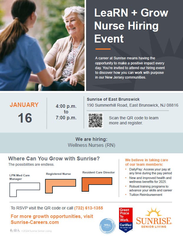 RN Wellness Nurse Hiring Event on 1/16 @ 4pm - 7pm. LeaRN and Grow at Sunrise Senior Living.