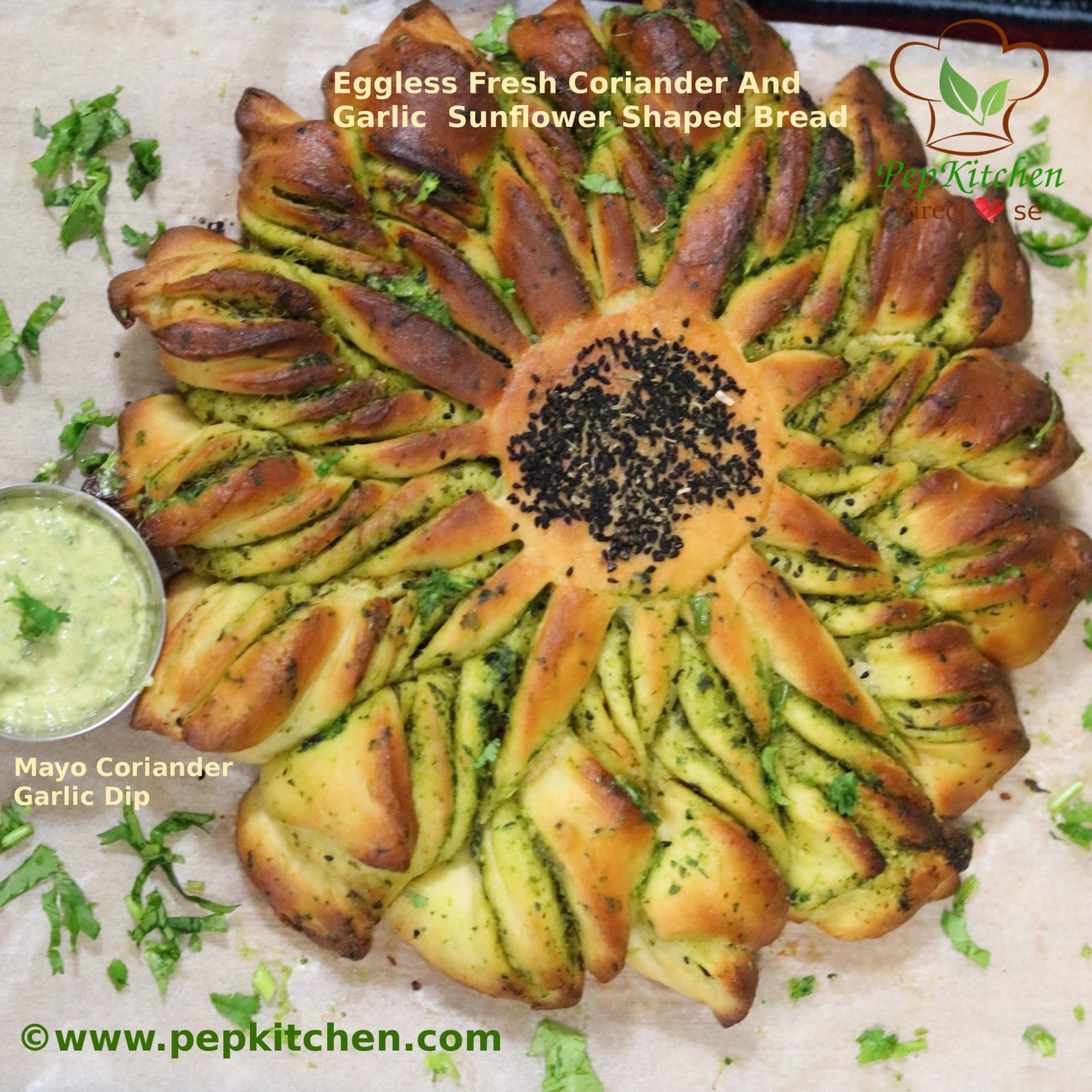 Eggless Fresh Coriander And Garlic Sunflower Shaped Bread