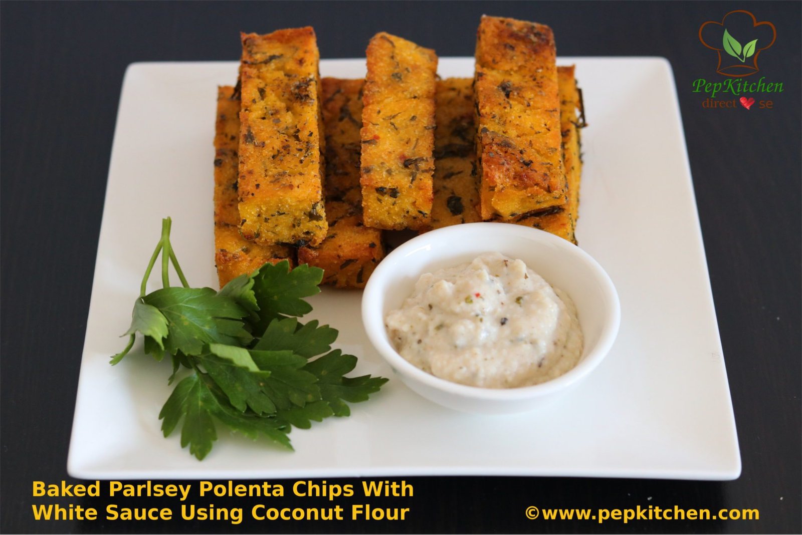 Baked Parsley Polenta Chips With White Sauce Using Coconut Flour