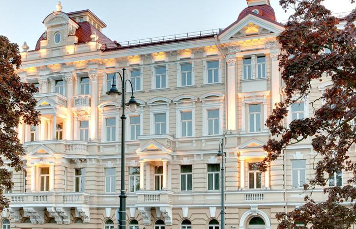 Daytime exterior of the Kempinski Hotel Cathedral Square in Vilnius, Lithuania.