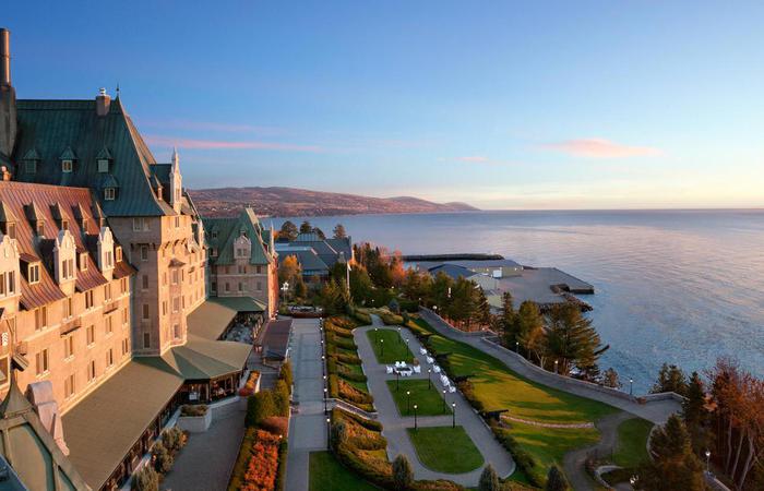 Sunset exterior of Fairmont Le Manior Richelieu in Quebec, Canada.