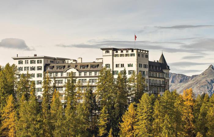 Daytime exterior of Hotel Waldhaus Sils in Sils Maria, Switzerland.