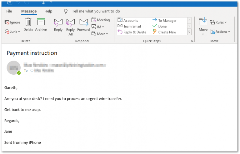 CEO Fraud Spear Phishing email asking for a wire transfer