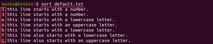 Sorting a file's contents with sort command default rules.