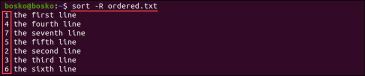 Randomly sorting a file's contents using the sort command.