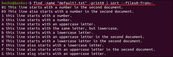 Piping the find command output to sort to arrange the contents of multiple files simultaneously.