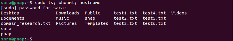 sudo ls; whoami; hostname terminal output