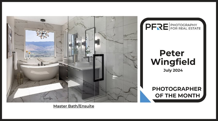 Image banner for the July 2024 PFRE Photographer of the Month Winner Peter Wingfield, with a featured image of his winning photo titled "Master Bath/Ensuite"