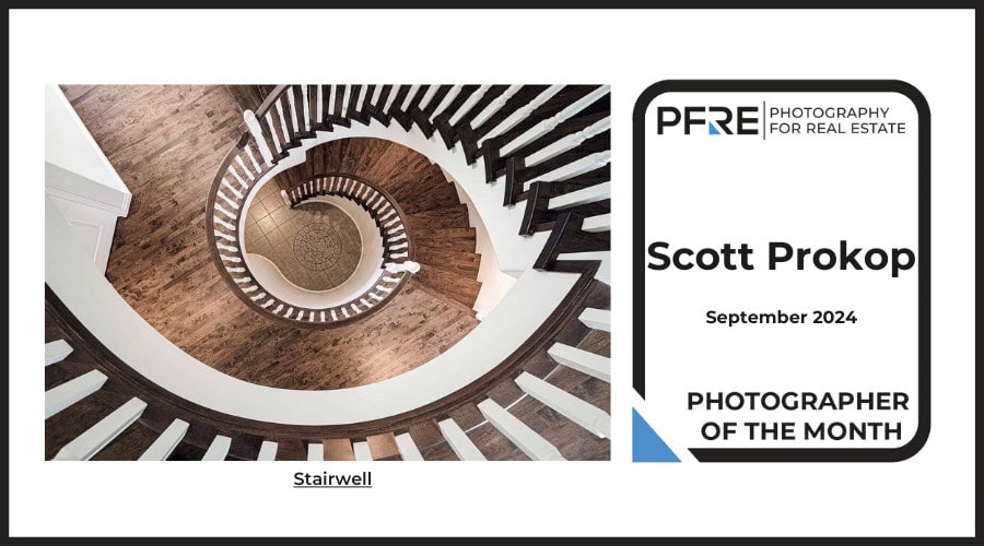 Image banner for the September 2024 PFRE Photographer of the Month Winner Scott Prokop, with a featured image of his winning photo titled "Stairwell"