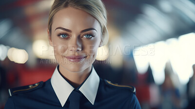 Smiling female airplane pilot ready for takeoff. Confident safe travel concept