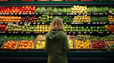 Customer, groceries and woman shopping fruit and vegetable produce for diet, wellness and lifestyle. Ingredients, blonde and female person looking at fresh harvest at local supermarket for nutrition