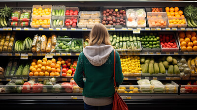 Customer, groceries and woman shopping fruit and vegetable produce for diet, wellness and lifestyle. Ingredients, blonde and female person looking at fresh harvest at local supermarket for nutrition