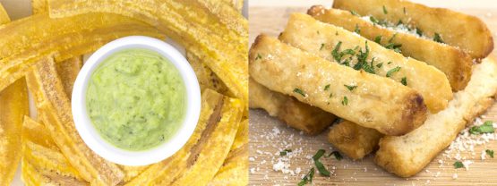 Tostones, fried green plantains, mariquitas de plátano, guasacaca, yuca fríes, garlic yuca fries, gluten free, nut, dairy and soy free