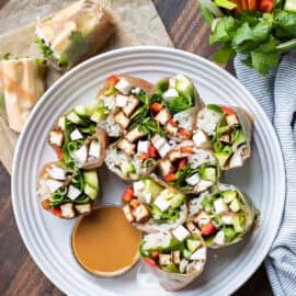 Cut vegan summer rolls on a white plate with brown dipping sauce on the side.