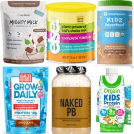 Collage of the best protein powders for kids on a white background.