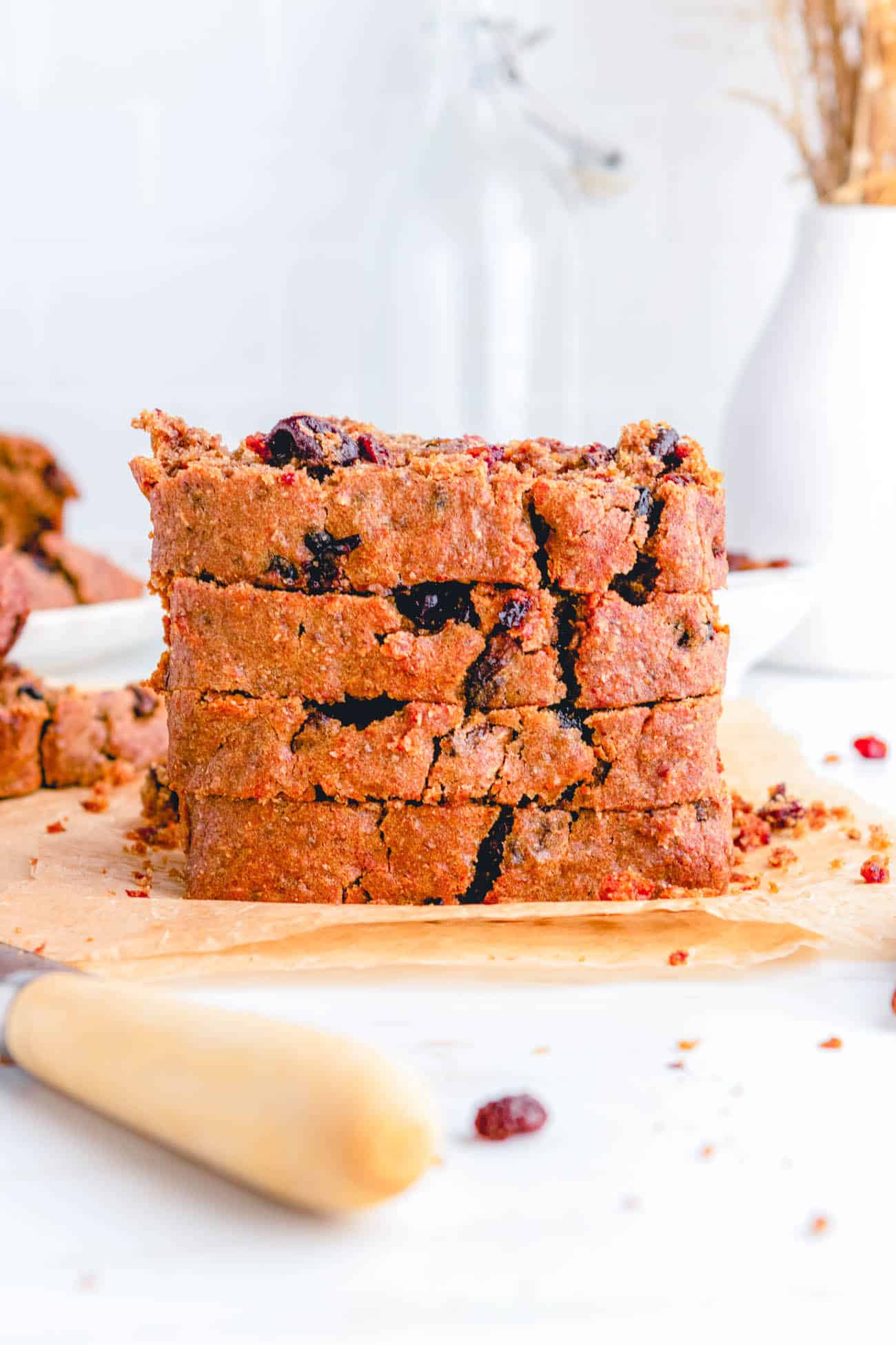 stacked slices of easy healthy vegan fruit cake recipe