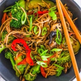 healthy easy vegan teriyaki noodles with veggies in a pan