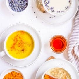 Moon milk shown 4 ways: traditional, lavender flavored, turmeric flavored, and chai spiced.