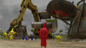 The first scene of Occupational Hazards, showing several Pikmin carrying various parts.