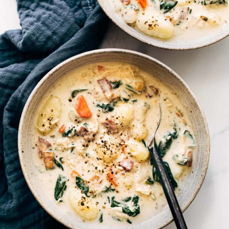 Chicken gnocchi soup in a bowl.