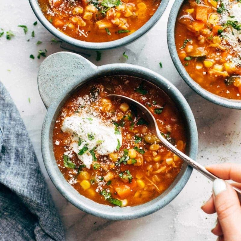 Instant Pot Summer Soup in bowls with Greek yogurt.