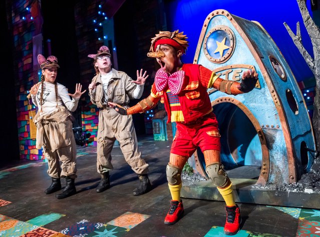 Charlotte Louise, Travis Wood and Dylan Collymore in Pinocchio at Theatre Royal Stratford East, London in 2024. (Photo by Tristram Kenton/The Guardian)