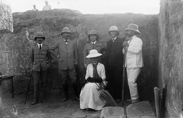 Remarkable discoveries were made, like the decapitated head of a bronze statue of Roman emperor Augustus, sacked from a raid on Roman garrisons further north in Egypt. Here: A group visiting the excavations at Meroë, including (from left) Midwinter Bey, director of Sudan Railways; Lord Kitchener; General Sir Francis Reginald Wingate, Sirdar of the Egyptian Army; Professor Archibald Sayce; John Garstang; and Lady Catherine Wingate, 1911. (Photo by Garstang Museum of Archaeology)