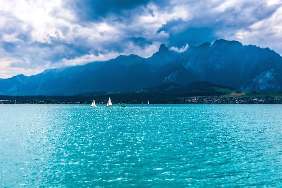 mountain, ocean, sea, boats, water, horizon, sky, clouds, summer