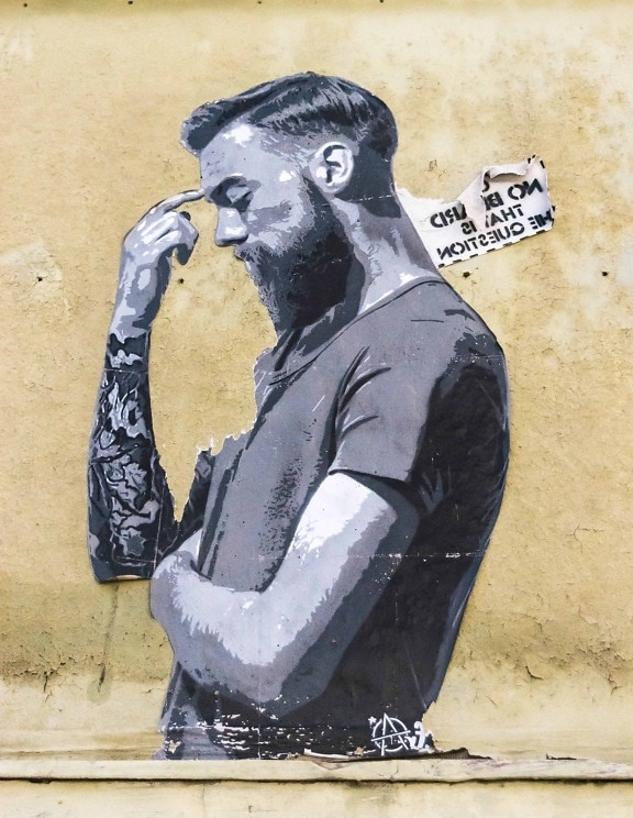 pintura, monocromo, hombre, tatuajes, barba, cartel